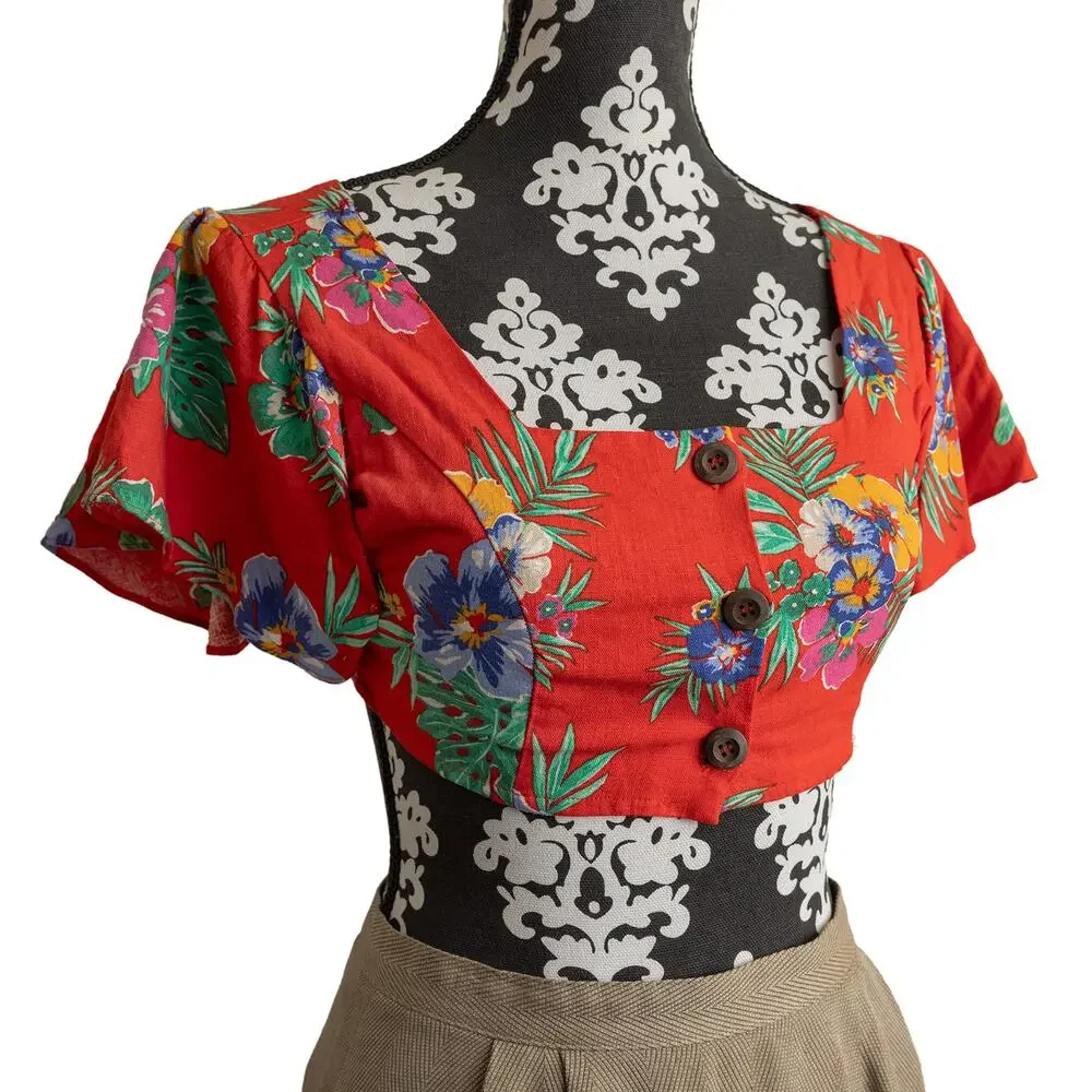 Francescas Miami Red Linen Floral Button-Up Cropped Tropical Hibiscus Resortwear - Picture 1 of 11